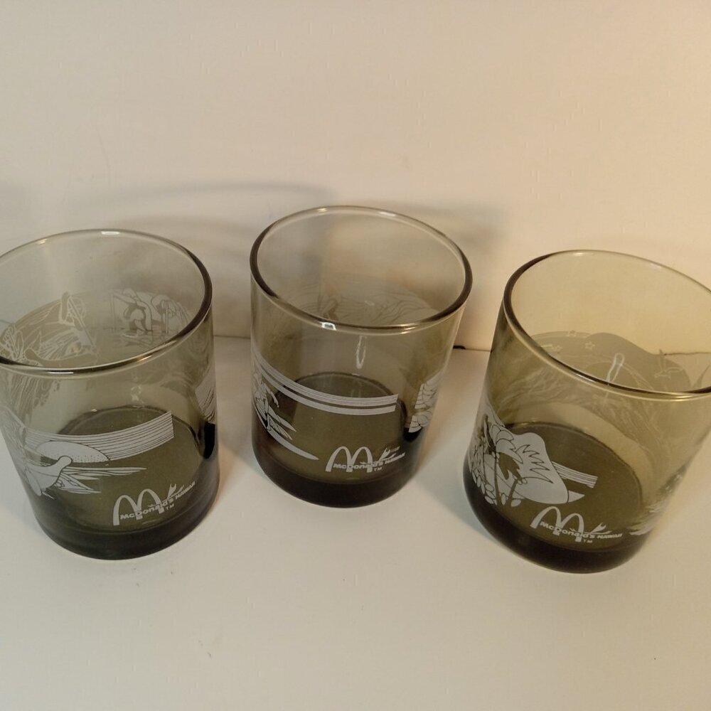 SET OF 3 McDonald's Hawaii High Ball Glasses Smokey Frosted Vintage Libbey